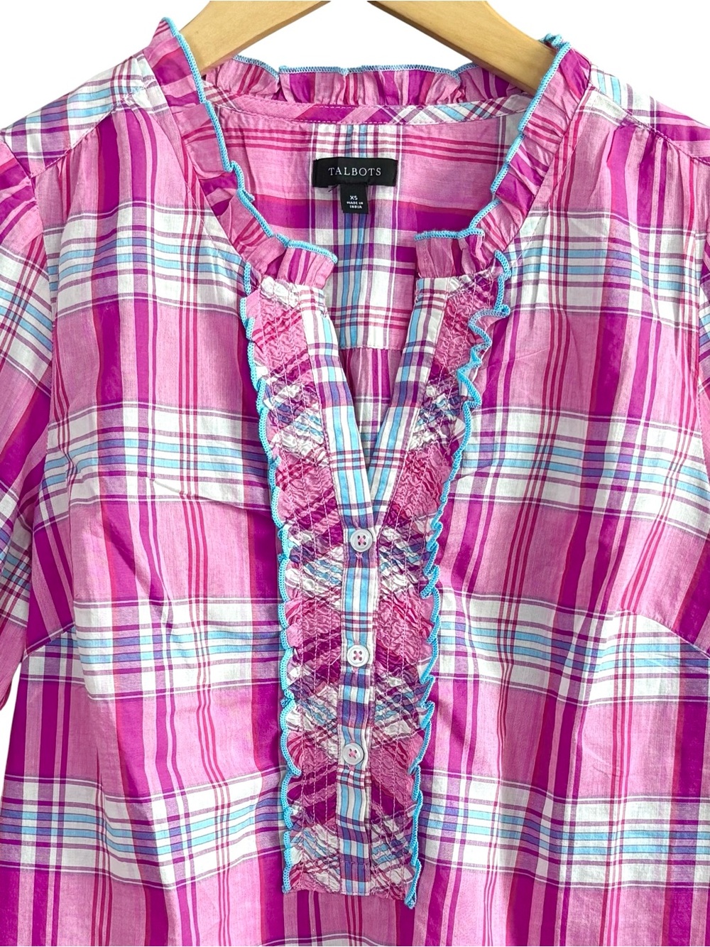 Talbots Plaid Popover Ruffle Cotton Blouse XS Pink - Picture 3 of 9